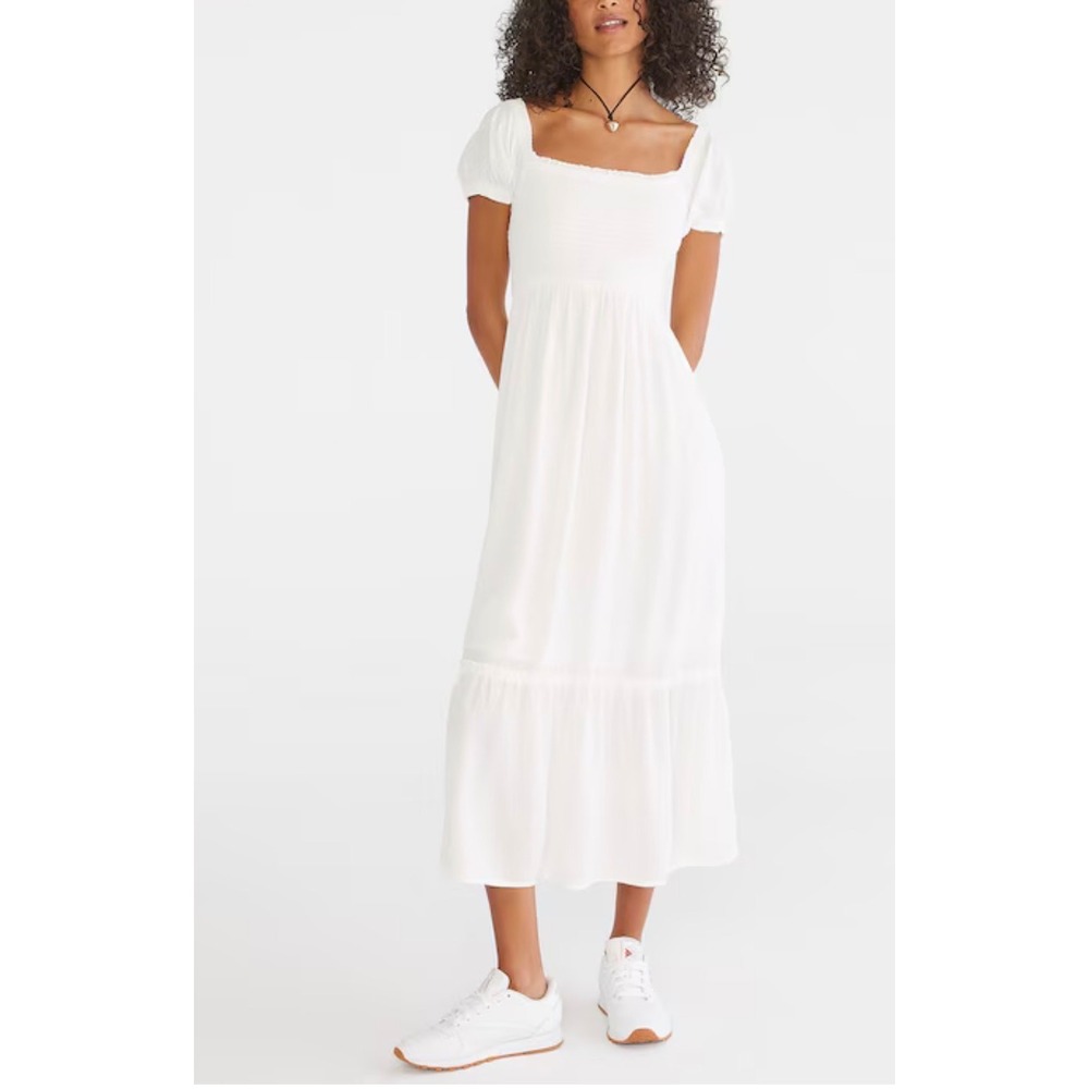 Aeropostale White Smocked Midi Dress S Cottagecore Coquette Milkmaid Tiered Puff